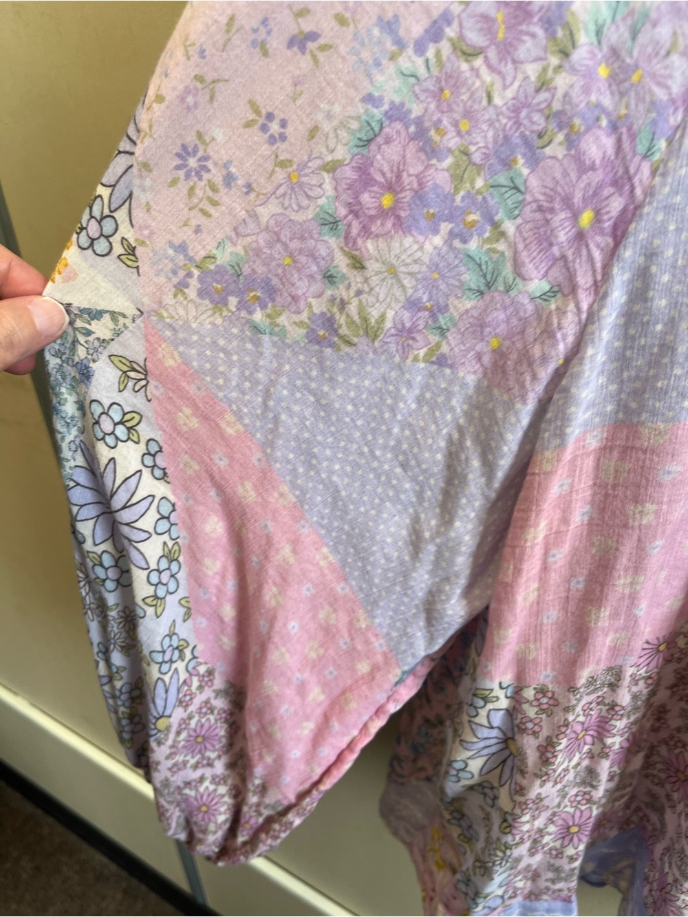 Floral Patchwork Long-Sleeve Women's Blouse in Pastel Pink & Lavender - Picture 5 of 14